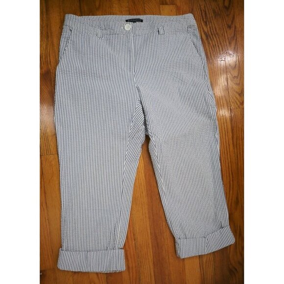 WOMEN'S BLUE & WHITE STRIPED SEERSUCKER CROPPED PANTS - BERNARDO - SIZE 14 - Picture 2 of 5